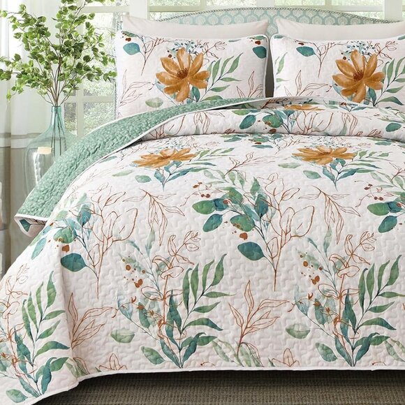 New Botanical Sage Green & Golden Leaves 3 PC Floral Quilt Set • Queen Size - Picture 1 of 8